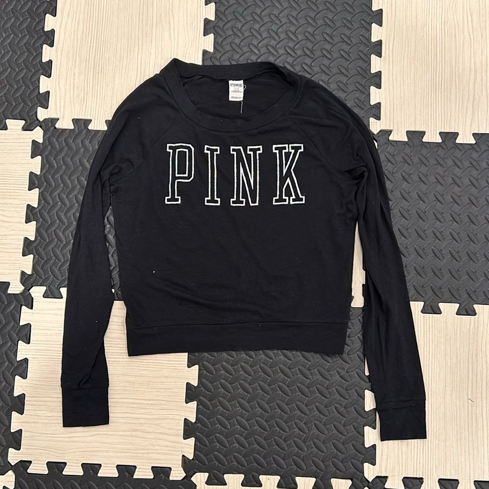 Pink Victoria’s Secret black logo long sleeve top size small